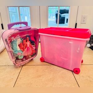Barbie Rolling Suitcase, Pink Storage Cart, and Lots of Barbies